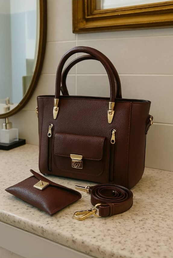 Double-Zip Structured Handbag Set with Matching Wallet