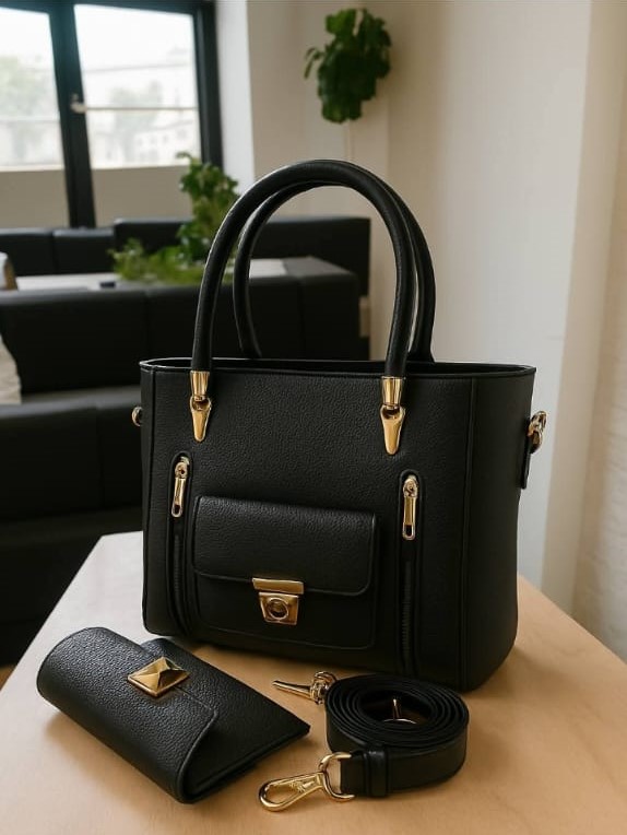 Double-Zip Structured Handbag Set with Matching Wallet