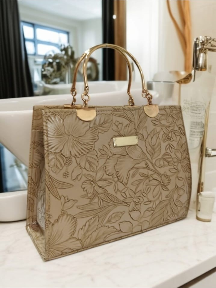 Floral Engraved Gold Handle Handbag with Shoulder Strap