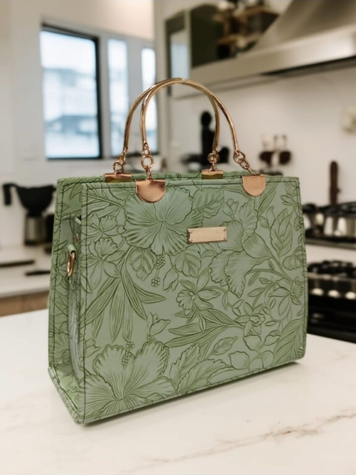 Floral Engraved Gold Handle Handbag with Shoulder Strap
