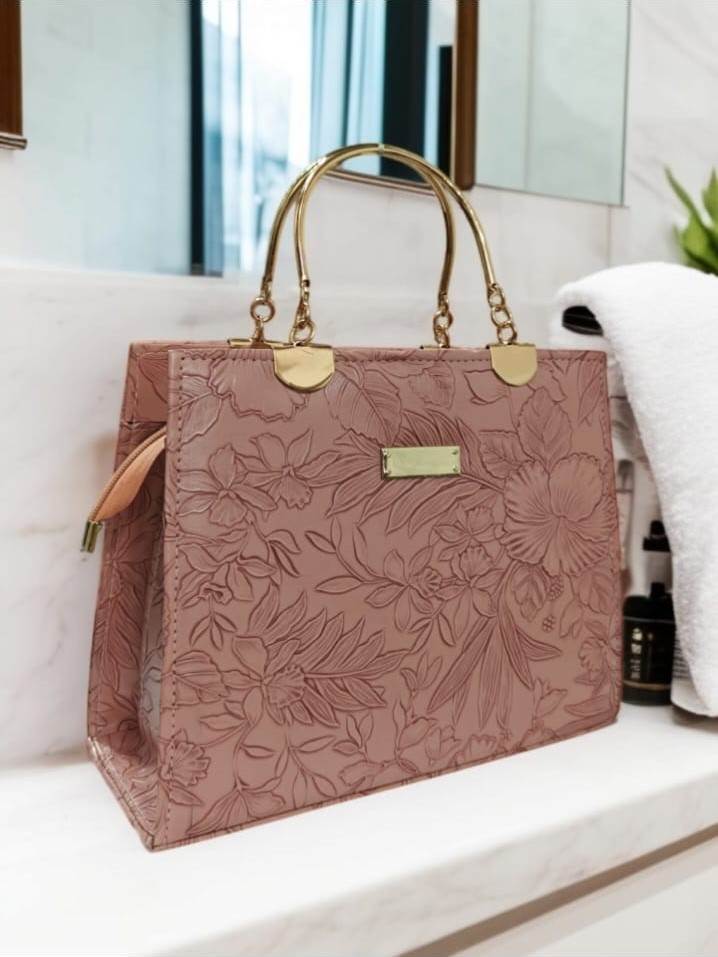 Floral Engraved Gold Handle Handbag with Shoulder Strap