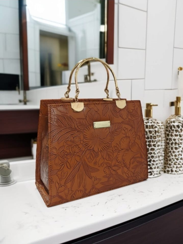 Floral Engraved Gold Handle Handbag with Shoulder Strap