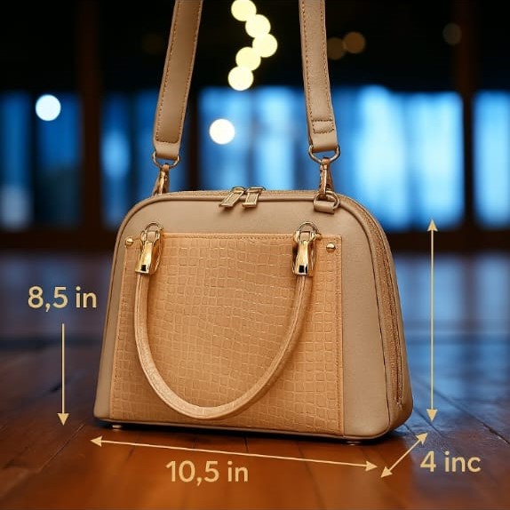 Women D-Shape Handbag with Dual Zipper & Shoulder Strap